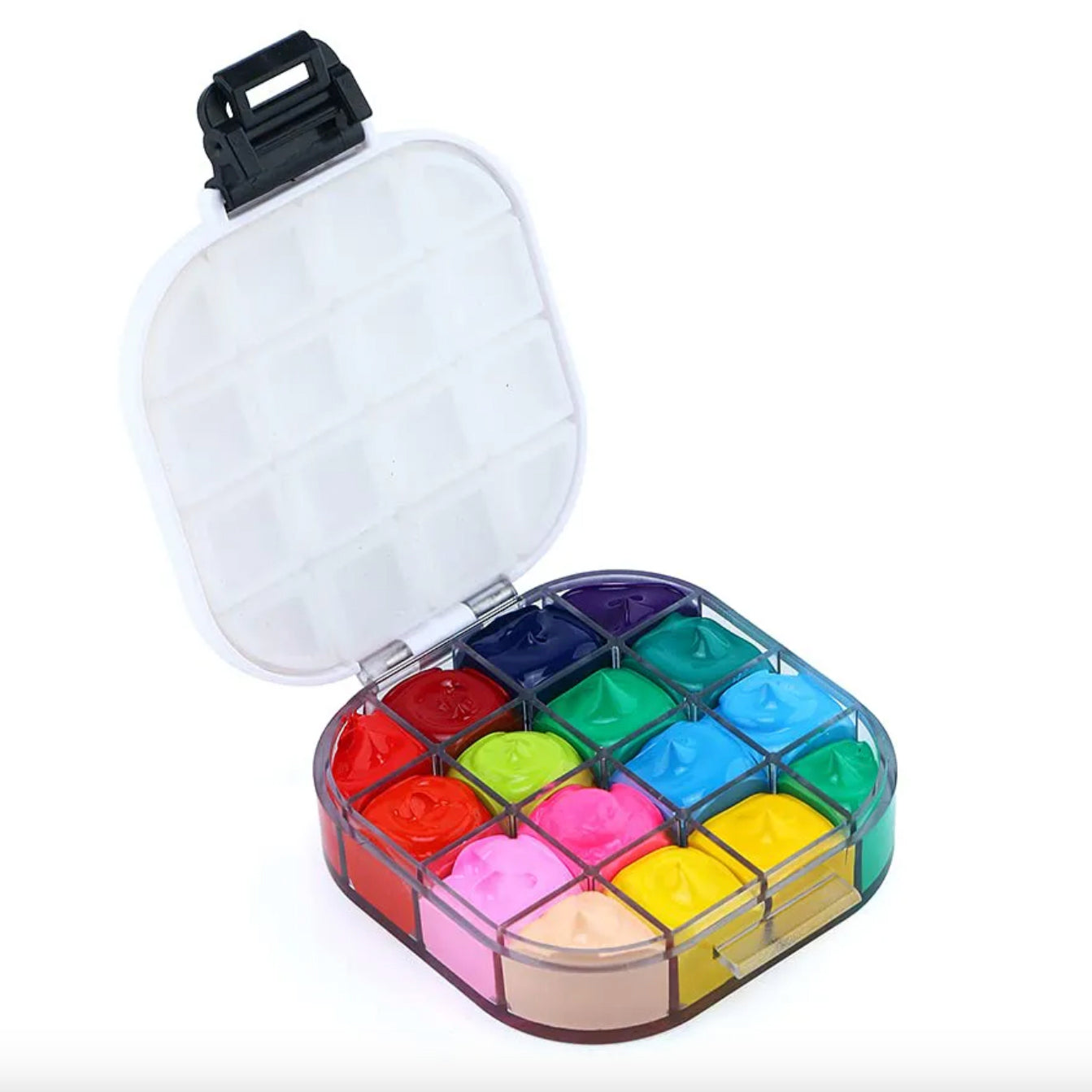 Travel Paint Palette Box with Foldable Paint Brush Water Bucket | 16 Wells Airtight Paint Container | Brush Holder on edge of bucket | Watercolour & Gouache Painting