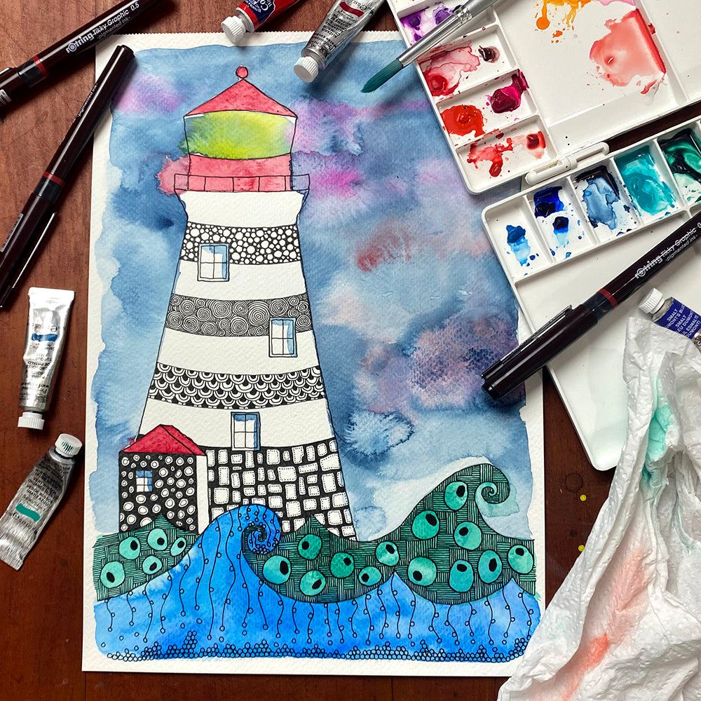 July '24 | Untangle with Watercolour | Paint n Sip | Doodling | Lighthouse