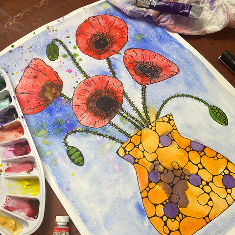 April '24 | Untangle with Watercolour | Paint n Sip | Doodling | Vase of Poppies