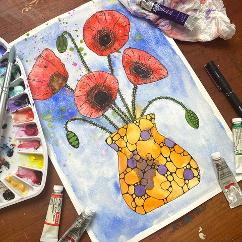 April '24 | Untangle with Watercolour | Paint n Sip | Doodling | Vase of Poppies