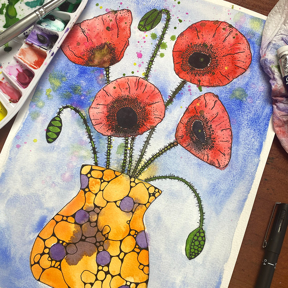 April '24 | Untangle with Watercolour | Paint n Sip | Doodling | Vase of Poppies