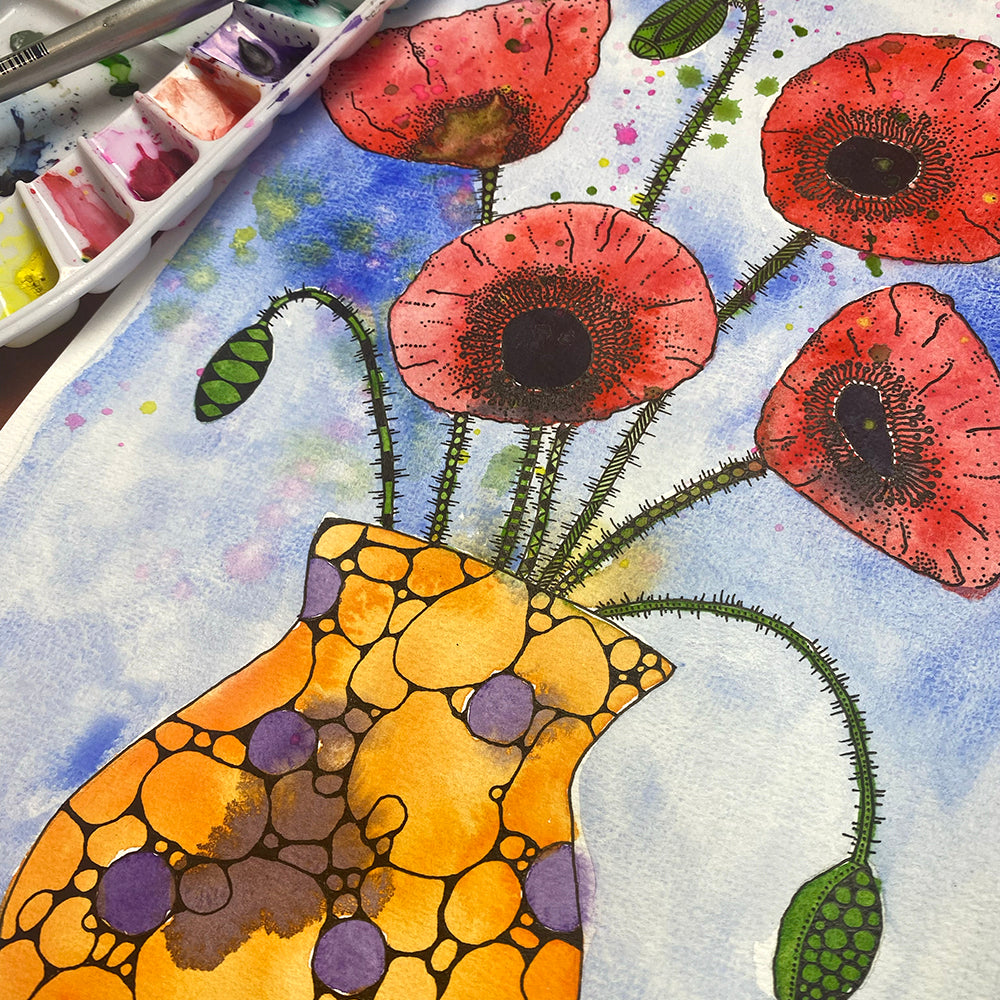 April '24 | Untangle with Watercolour | Paint n Sip | Doodling | Vase of Poppies