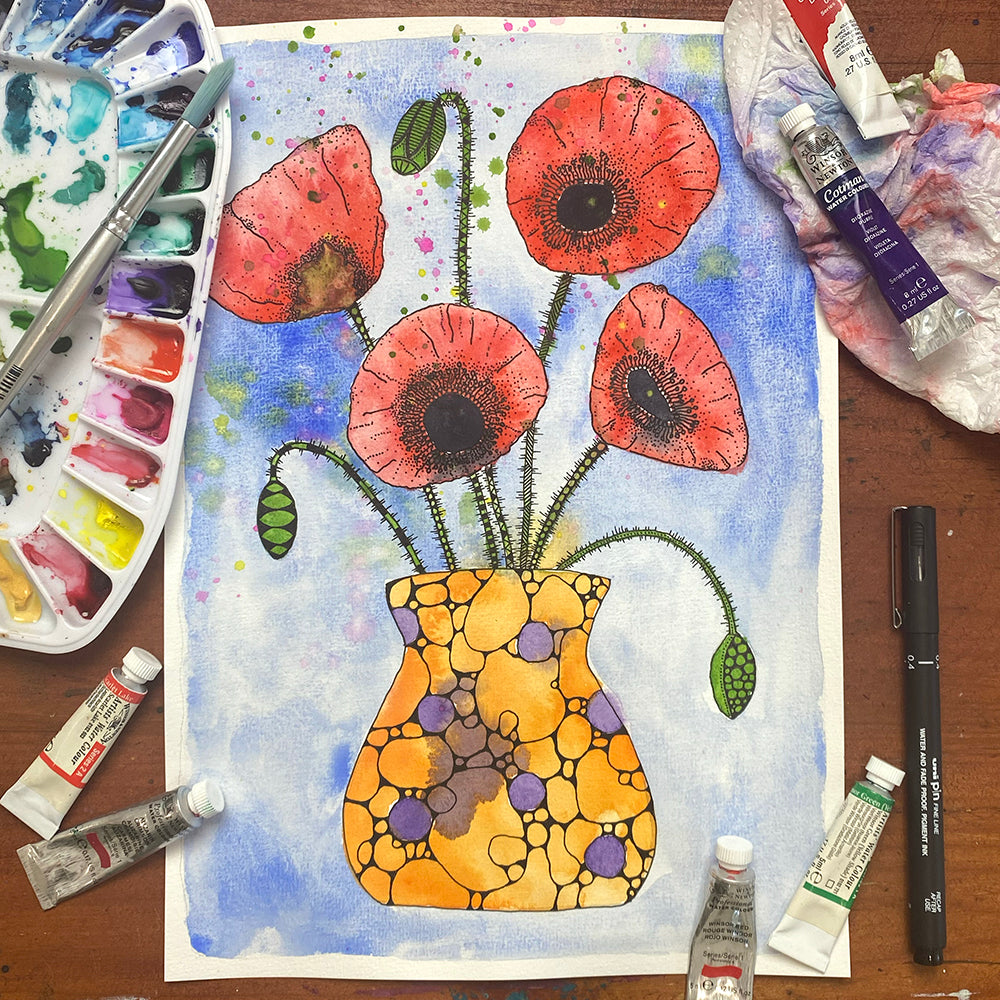 April '24 | Untangle with Watercolour | Paint n Sip | Doodling | Vase of Poppies