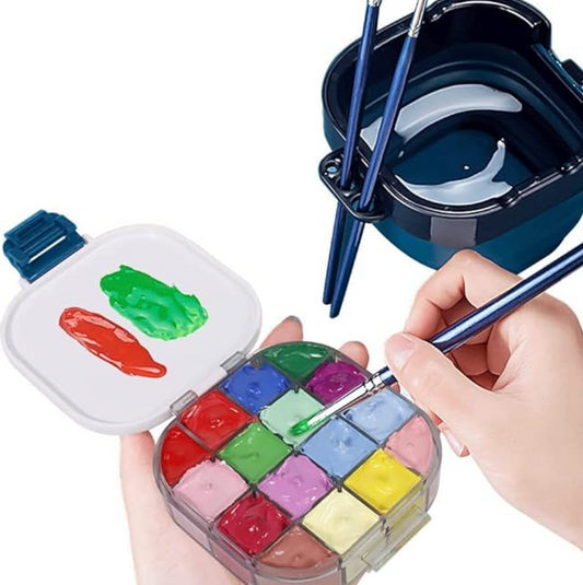 Travel Paint Palette Box with Foldable Paint Brush Water Bucket | 16 Wells Airtight Paint Container | Brush Holder on edge of bucket | Watercolour & Gouache Painting