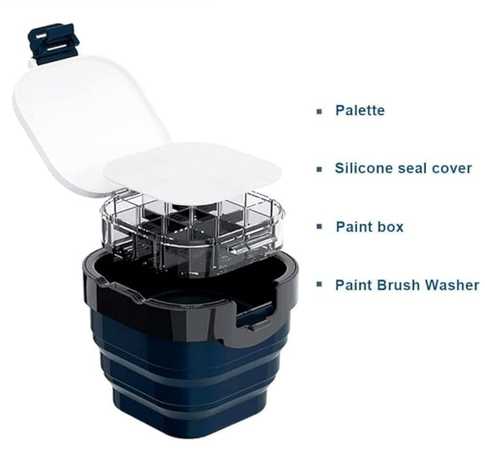 Travel Paint Palette Box with Foldable Paint Brush Water Bucket | 16 Wells Airtight Paint Container | Brush Holder on edge of bucket | Watercolour & Gouache Painting