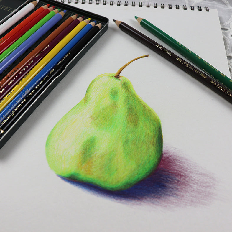 Pear drawing in coloured pencils