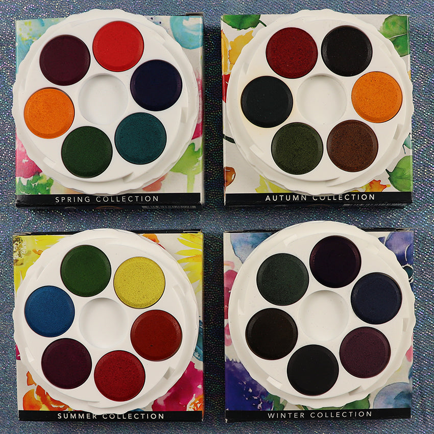 4 seasons of watercolours sets summer winter spring autumn.