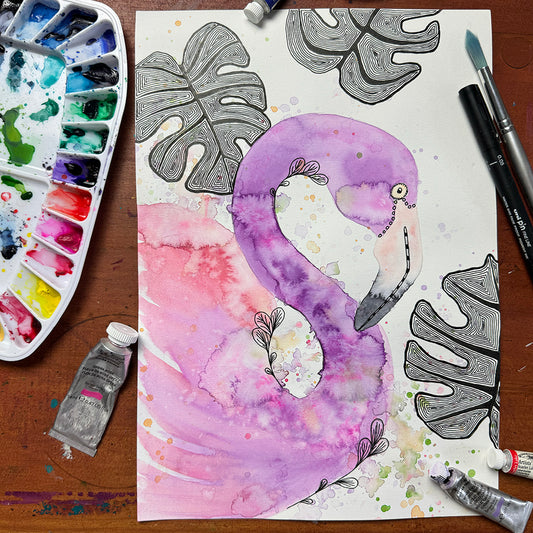 March 24 | Untangle with Watercolour | Paint n Sip | Doodling | Flamingo