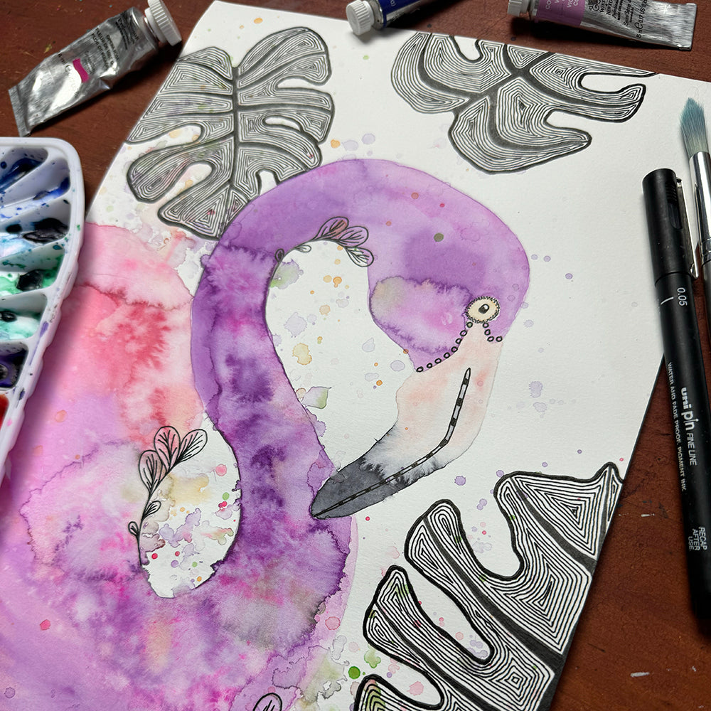 March 24 | Untangle with Watercolour | Paint n Sip | Doodling | Flamingo