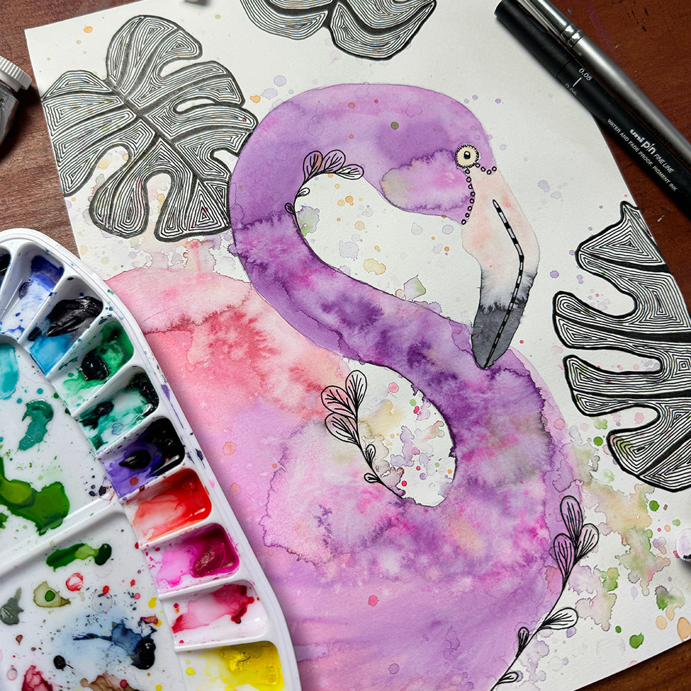 March 24 | Untangle with Watercolour | Paint n Sip | Doodling | Flamingo