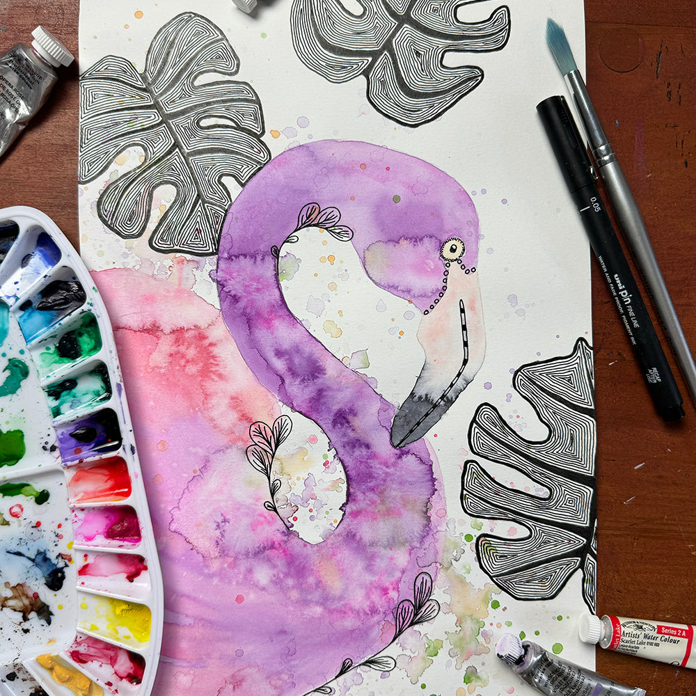 March 24 | Untangle with Watercolour | Paint n Sip | Doodling | Flamingo