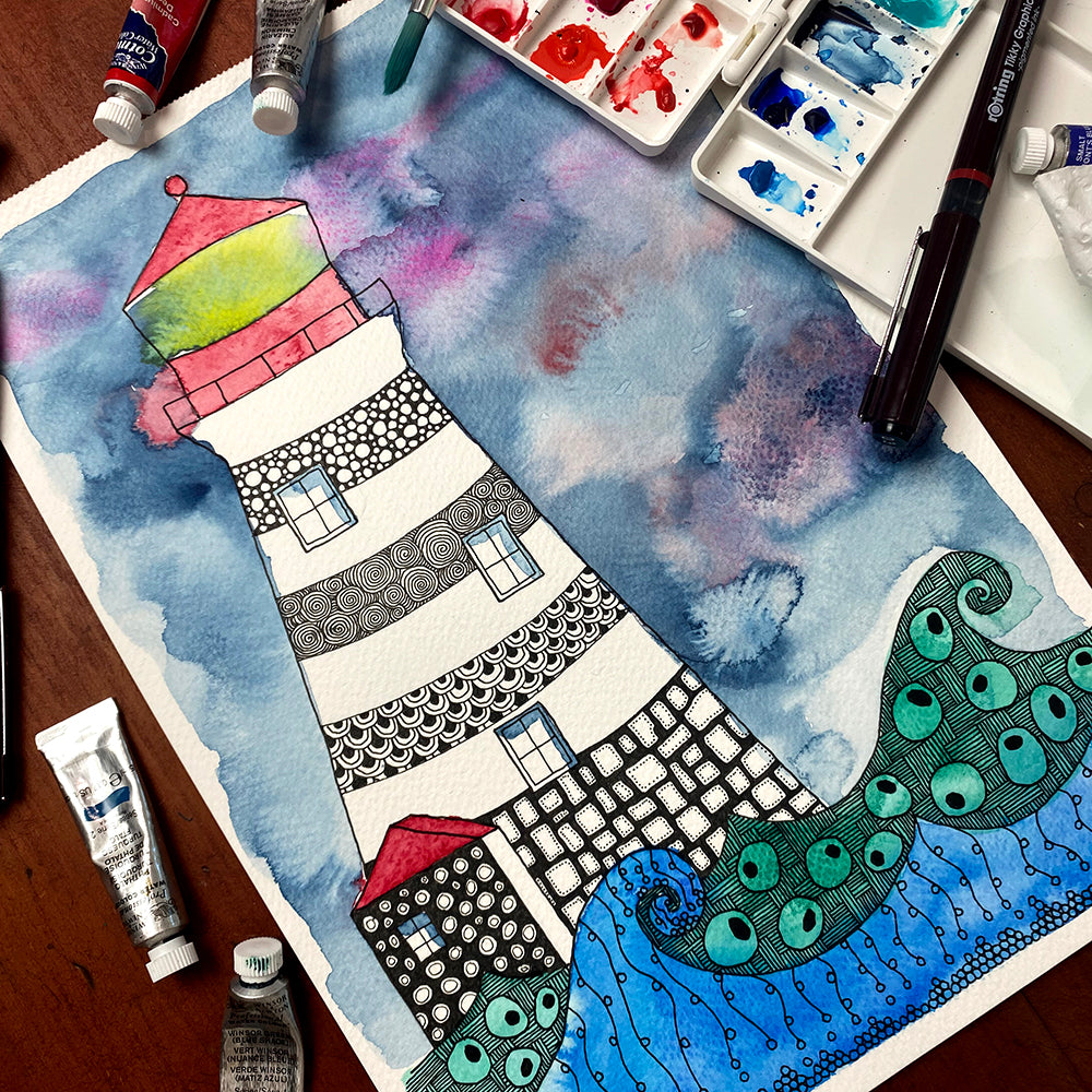 July '24 | Untangle with Watercolour | Paint n Sip | Doodling | Lighthouse