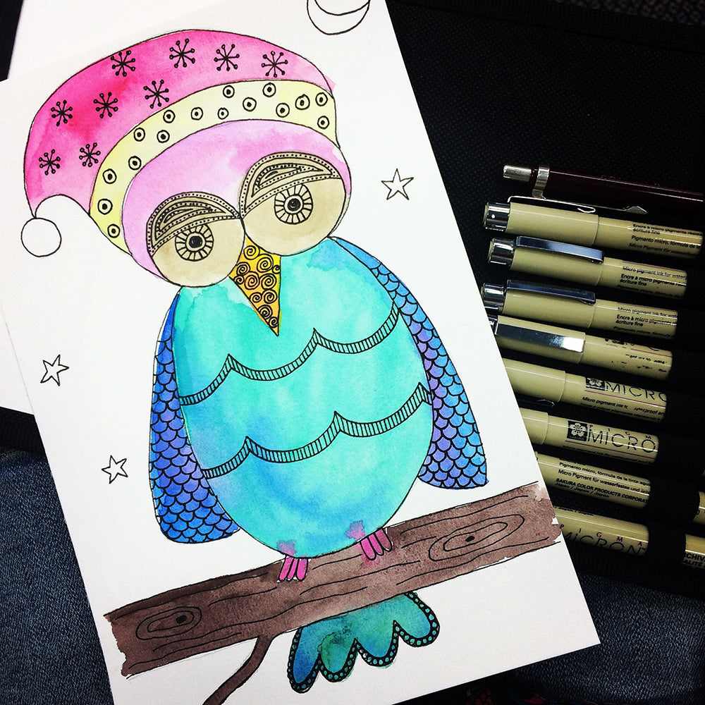 Watercolour owl with doodling