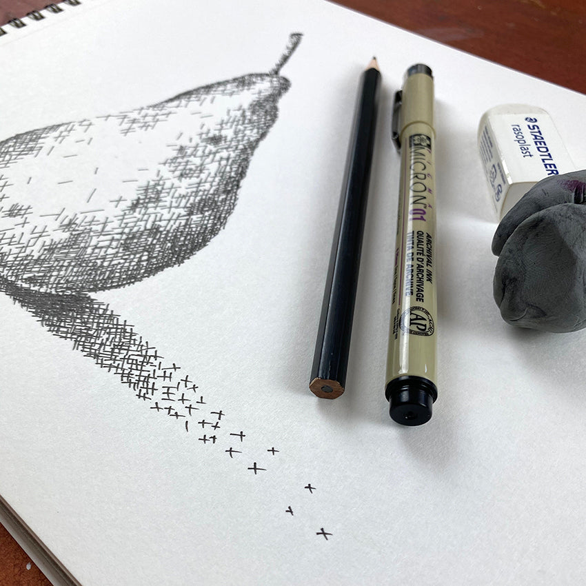 daily drawing prompt, cross-hatching still life of pear fruit