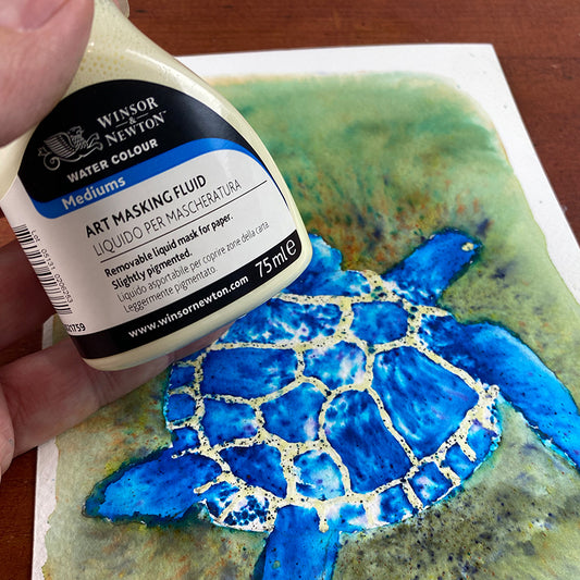 mask areas on watercolour with masking fluid to protect colour from seeping underneath.