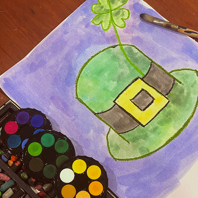 St Patricks Day Hat and Clover Oil Pastel and Watercolour Painting